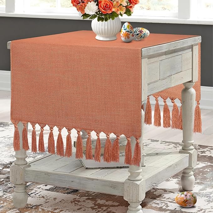 yuboo Terracotta Table Runner 36 Inches - Boho Short Table Runner for Nightstand, Small Coffee Table, Orange Dresser Scarves for End Table, Bedroom, Spring Valentine's Day Home Decor