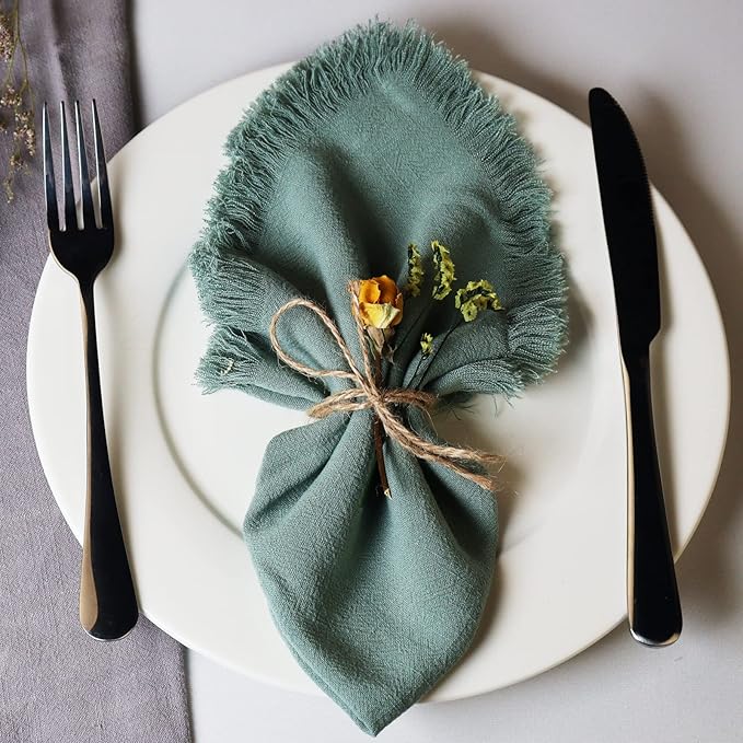Handmade Cloth Napkins with Fringe,18 x 18 Inches Cotton Linen Napkins Set of 6 Versatile Handmade Square Rustic Fringe Napkins for Dinner, Wedding and Parties, Sage