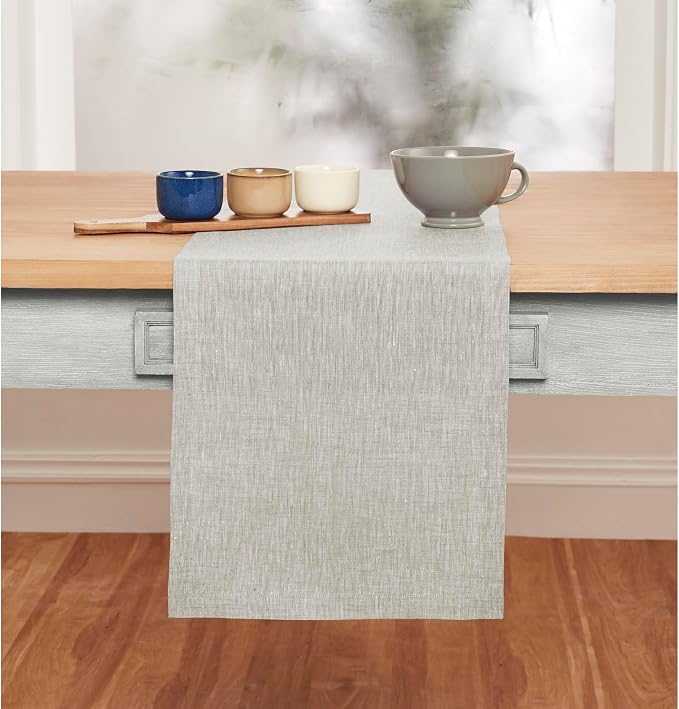 Solino Home Linen Table Runner 156 Inches Long - Athena, 100% Pure Linen Oyster Grey Dining Table Runner 14 x 156 Inch for Summer