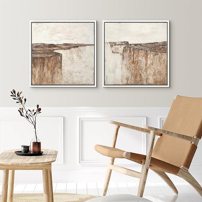 SIGNFORD Framed Canvas Print Wall Art Set Minimalist Abstract Canyon Cliff Neutral Earth Tone Landscape Modern Art Relax/Calm for Living Room, Bedroom, Office - 24"x24"x2 WHITE