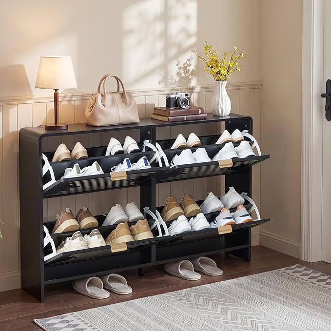 Shoe Storage Cabinet for Entryway with 4 Flip Drawers, Narrow Shoe Rack Organizer, Slim Freestanding Wood Hidden Shoe Cabinet with Adjustable Shelf for Hallway, Living Room (Black, 47.24'')