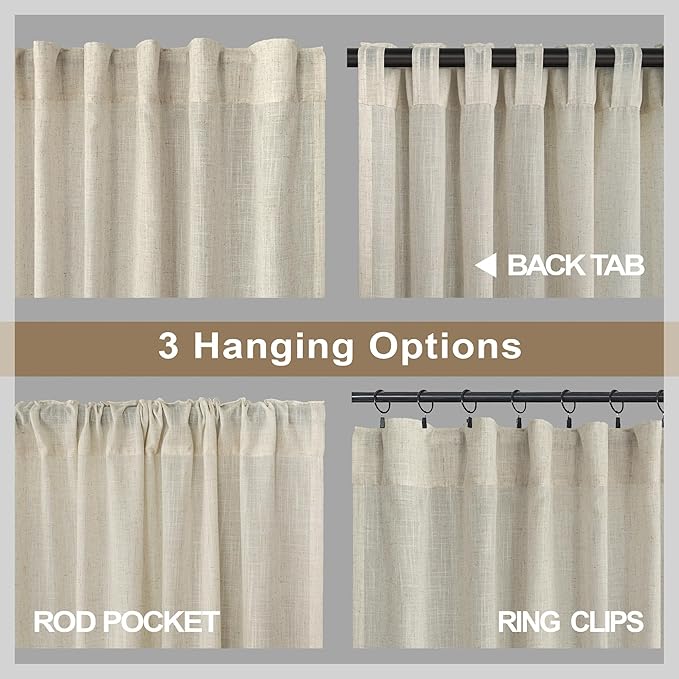 Beige Curtains 38 Inch Width for Living Room 2 Panels Back Tab Rod Pocket Flax Linen Semi Sheer Light Filtering Mini Curtains for Door Window Boho Farmhouse Bedroom Decor Tan 38 Inch Wide by 96 Long