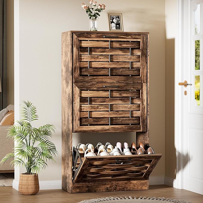 Shoe Cabinet Storage for Entryway with 3 Flip Drawers, Slim Shoe Rack Cabinet with Stylish Handwoven Panel, Farmhouse Shoe Organizer Cabinet for Hallways, Living Rooms, Rustic Brown