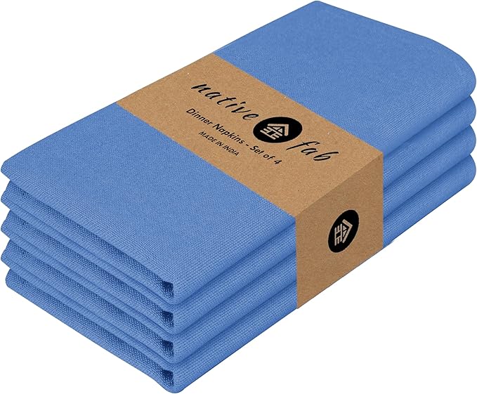 Native Fab Solid Cloth Napkin Set of 4, 100% Cotton, Washable, Reusable Dinner Cloth Napkin 17x17 inches, Table Decor Napkins for Dinner, Events, Sky Blue