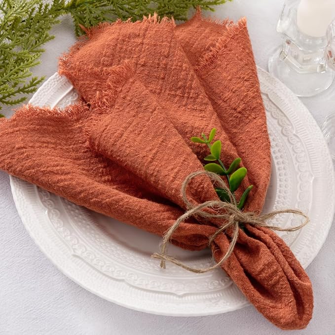 Socomi Set of 12 Linen Napkins Terracotta Easter Spring Cloth Napkins Washable Cotton Dinner Napkins Fringe 17"x17" for Wedding Party Bridal Baby Shower Birthday Table Decorations