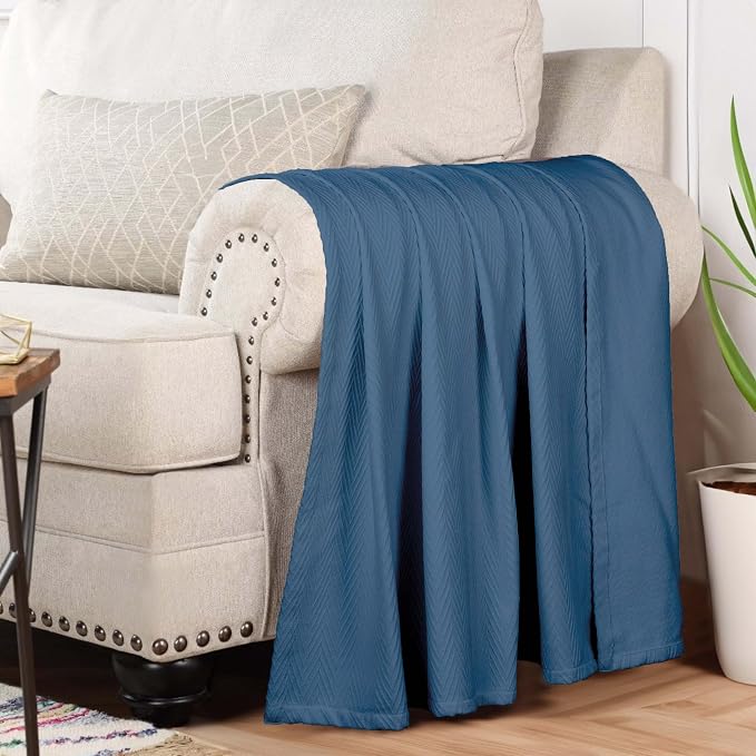 Superior Metro All-Season Cotton Blanket, Woven Blanket for Couch, Bed, Bedding, Farmhouse, Home Essentials, Cute and Cozy Bohemian Blankets, Herringbone Weave, Twin Size, Denim Blue