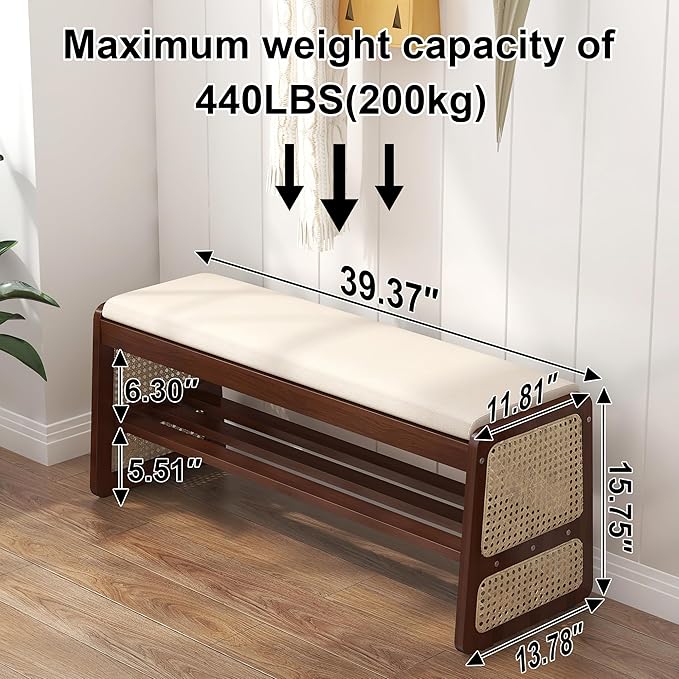 Shoe Storage Bench with Cushion - 2 Tier Shoe Rack for Front Door Entrance, Rattan Shoe Rack, Entryway Bench with Storage for Closet,Hallway,Bedroom&Living Room(Walnut, 39.4" W)