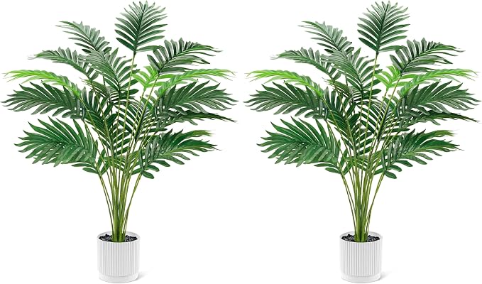 Der Rose 28'' Artificial Palm Tree Tall Fake Tropical Faux Trees Indoor and Outdoor for Home Bathroom Porch Outside Patio Decor (White Pot) (Pack of 2)