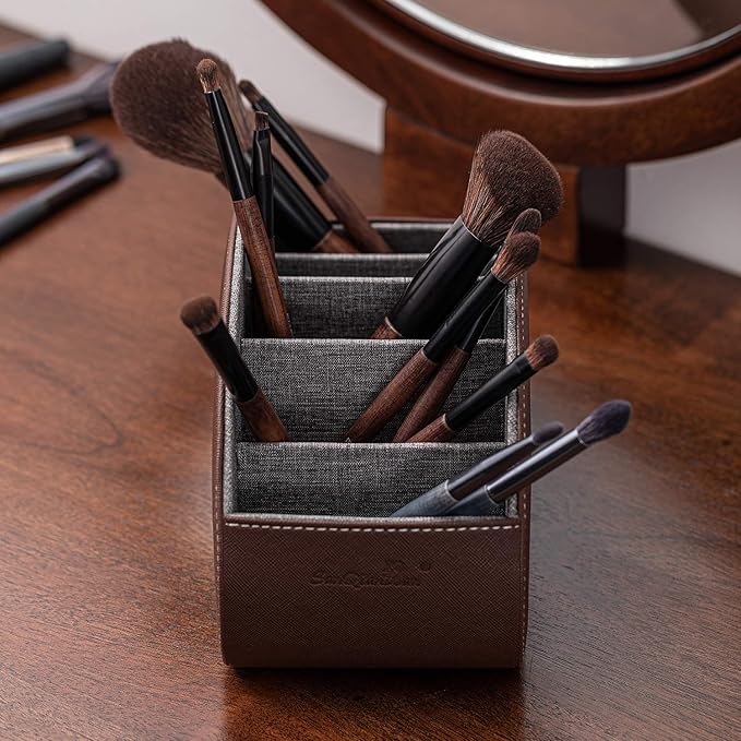 Remote Control Holders Organizer Box with 5 Compartment PU Leather Multi-functional Office Desk Storage Caddy Store Tv Remote for Media Player,Brush,Pencil,Glassees&Office Supplies (Dark Brown)