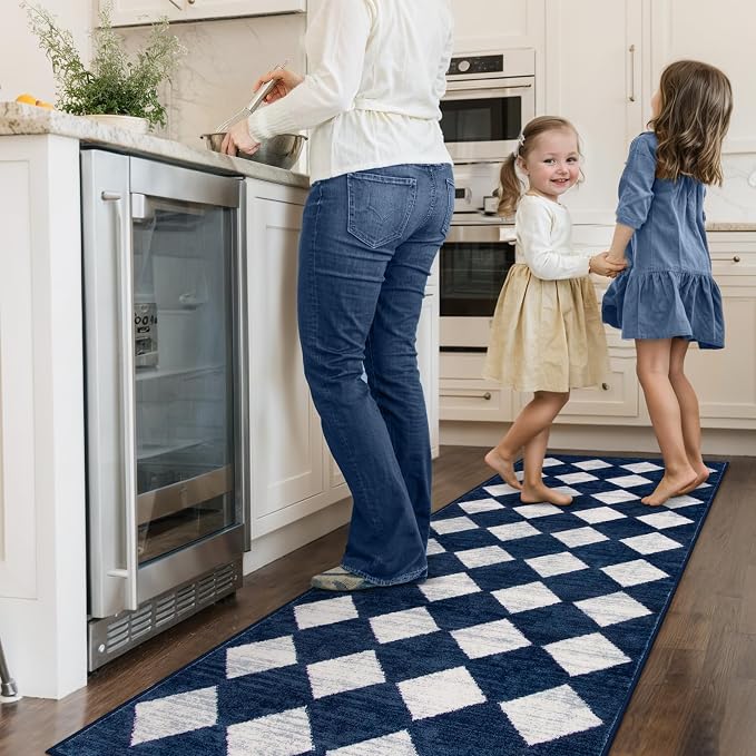 Lahome Zelie Checkered Washable Runner Rug,2x6 Rug Runners for Hallways Non Slip,Blue Kitchen Runner Rug,Moroccan Trellis Soft Low Pile Carpet Runners for Entryway Laundry Room Bathroom(2'x6',Blue)