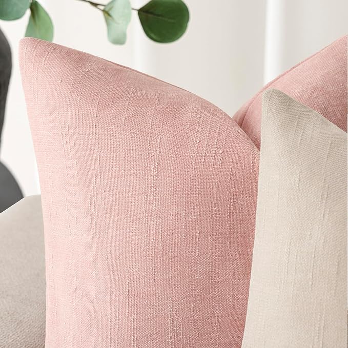 Foindtower Pack of 2 Soft Textured Chenille Throw Decorative Pillow Covers Square Accent Solid Cushion Cover Cozy Neutral Farmhouse Pillow Case for Couch Sofa Bedroom Living Room 24x24 Inch,Light Pink