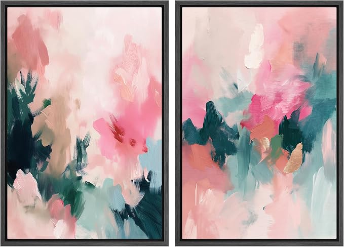 SIGNLEADER Framed Canvas Print Wall Art Set Pastel Garden Soft Pink and Green Tones Illustrations Modern Multicolor for Living Room, Bedroom, Office - 16"x24"x2 Black