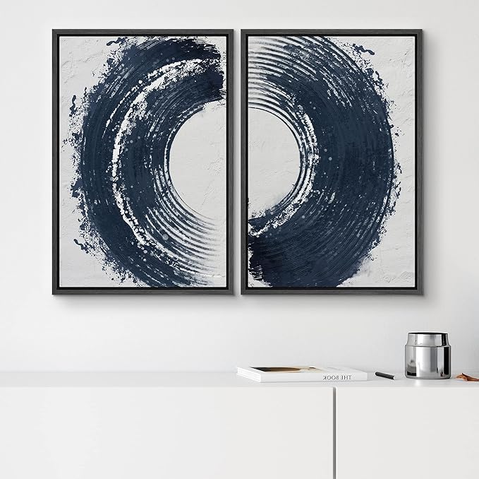 SIGNWIN Framed Canvas Print Wall Art Set Black Gray Pastel Paint Stroke Spiral Ring Abstract Shapes Illustrations Modern Minimal Decorative for Living Room, Bedroom, Office - 16"x24"x2 Black