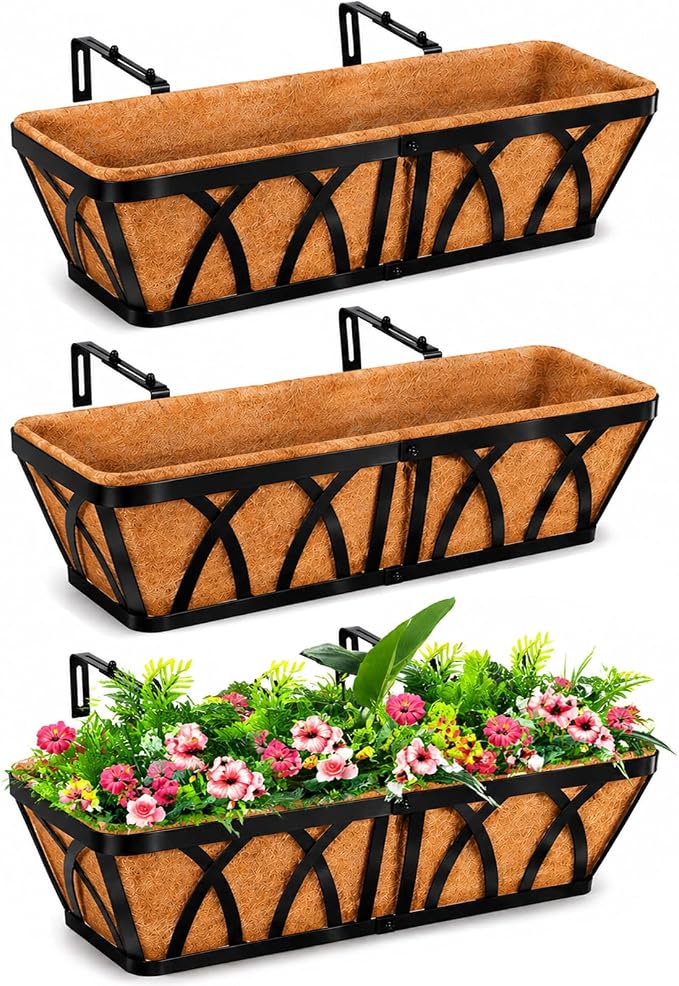 LCHUANG Deck Railing Planter Window Box - 3 Pack 24 Inch Deck Balcony Rail Planter with Coconut Coir Liner, Fence Metal Hanging Flower Planter Basket Deck Railing Planter Boxes for Outdoor Lawn