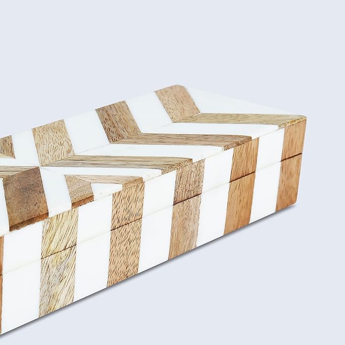 Handicrafts Home White Decorative Storage Box with Lid Wood Entryway Organizer Key Holder Box Console Table Storage for Hallway – Resin Inlay Marquet Chevron Collection - 10x2.5x1.5