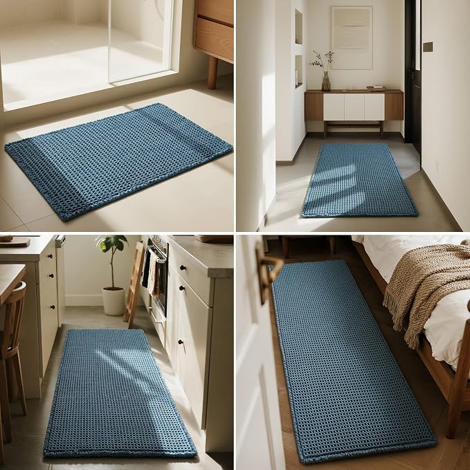 Triohero Waffle Runner Bath Mat - Long Bathroom Rugs Non Slip Washable, Ultra Soft Super Absorbent Quick Dry Boho Farmhouse Bathroom Decor, 24" x 72", Denim Blue