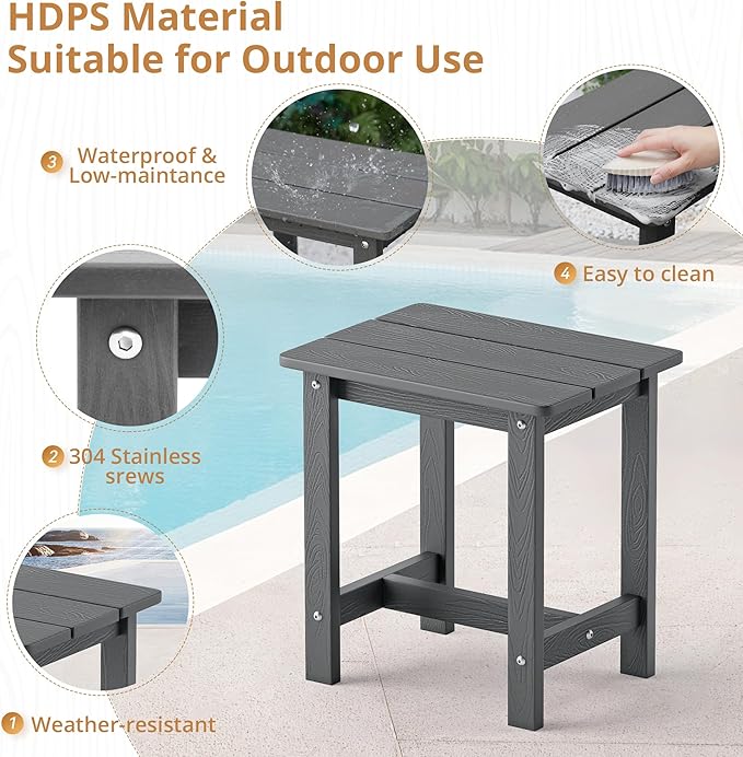 LUE BONA Outdoor Side Table, HDPS Small Outdoor Adirondack Side Tables, Outside End Table for Patio, Porch, Deck, Pool, Weather Resistant/Easy Maintenance, Dark Gray