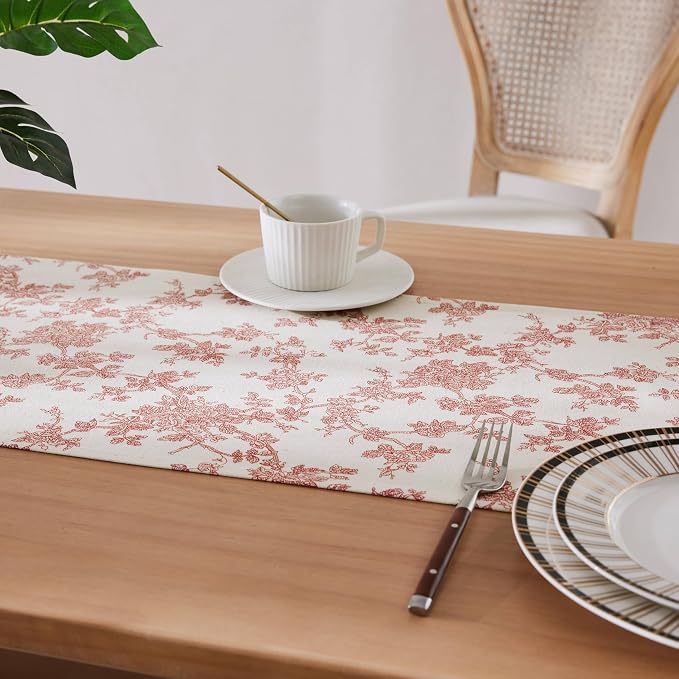 100% Cotton French Pastoral Table Runners, 13x90 Inch red Farmhouse Table Runners 90 Inches Long, Vintage Flowers Print Home Decors