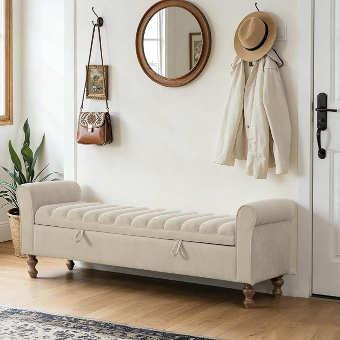 Chifee & Vingol 65" Storage Ottoman Bench Upholstered End of Bed Bench Modern Entryway Benches Window Benches for Bedroom Living Room Entryway,Griege