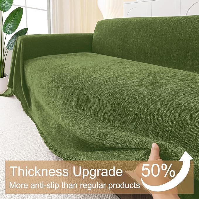 Smiry Couch Cover for Dogs, Washable Chenille Sofa Covers for 3 Cushion Couch, Soft Sofa Slipcover for Pets, Thick Sectional Furniture Protector with Tassels (Green, 71x118 Inch)