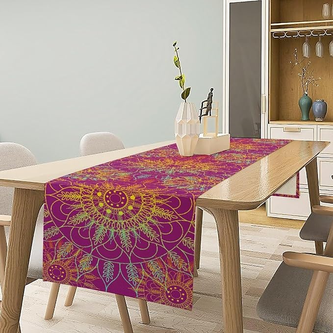 YCness Mandala Table Runner Abstract Colorful Modern Art Golden Purple Kitchen Dining Room Party Holiday Living Room Table Runner, 13x108 Inch