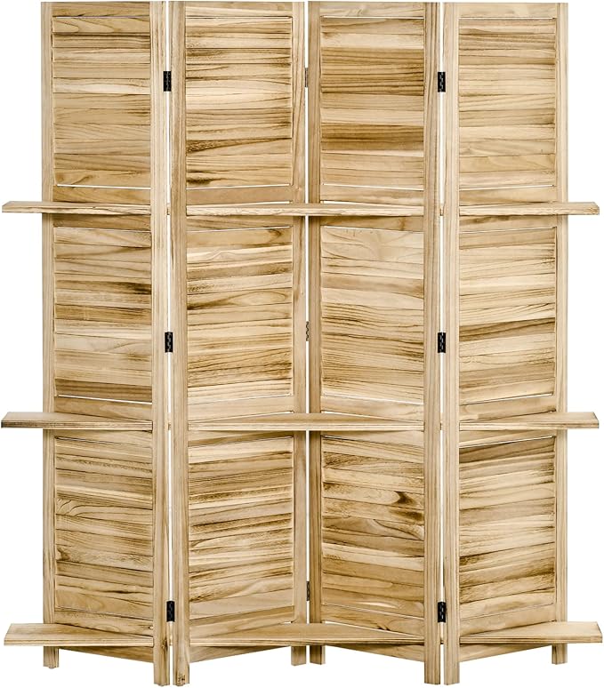 4-Panel Folding Room Divider with Shelves, 5.6 Ft Freestanding Paulownia Wood Privacy Screen Panel with Storage Shelves for Bedroom or Office, Natural