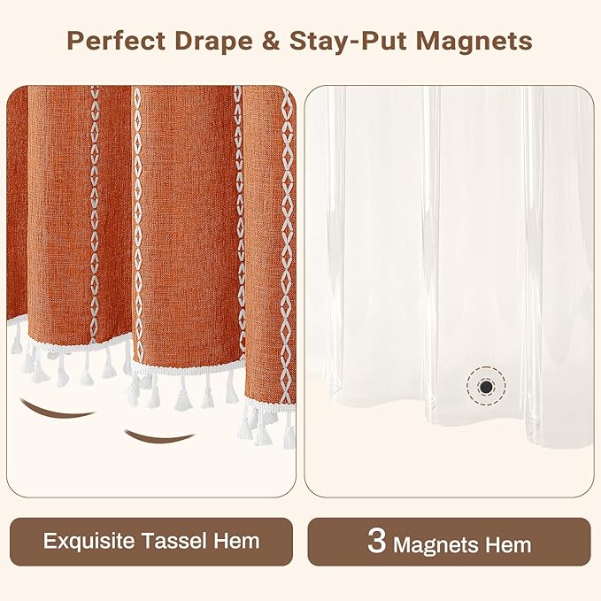 BTTN 3 in 1 Shower Curtain with Liner, 78 Inch Long Boho Linen Striped Cloth Shower Curtain Set with Hook, Large Rustic Farmhouse Bohemian Waterproof Fabric Curtain for Bathroom, Burnt Orange, 72x78