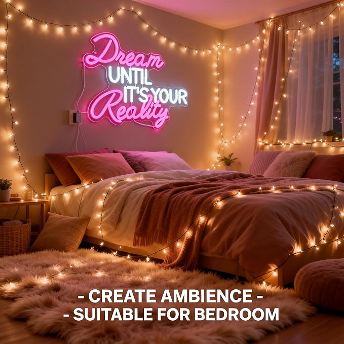 Dream Until Its Your Reality LED Neon Light,Pink Neon Sign，Bedroom, study, classroom and office decoration.16.9x12.6in 5V USB Decor,