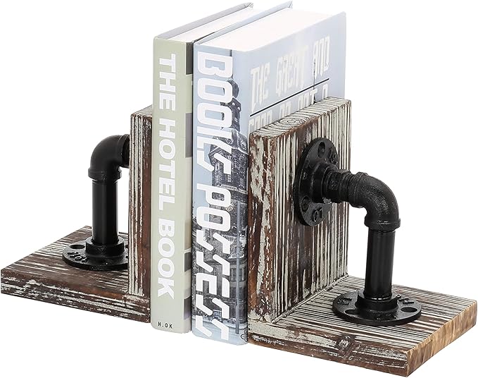 MyGift Decorative Bookends, Office Book Ends for Shelf, Book Holder L-Shaped Stand Desktop, Solid Torched Wood with Realistic Industrial Pipe Design