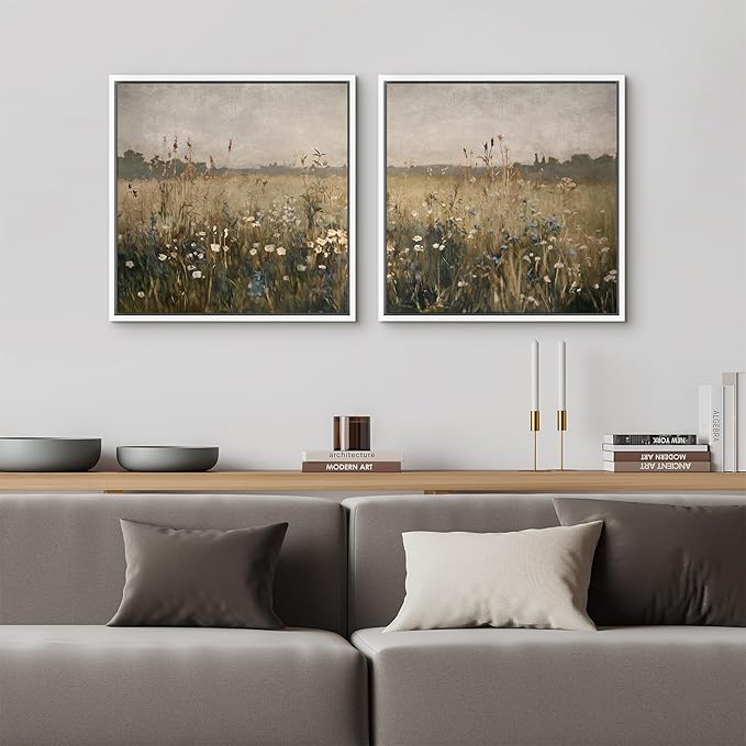 SIGNFORD Framed Canvas Print Wall Art Set Wildflower Field Landscape Meadow Floral Illustrations Modern Art Minimal Relax/Calm for Living Room, Bedroom, Office - 24"x24"x2 White