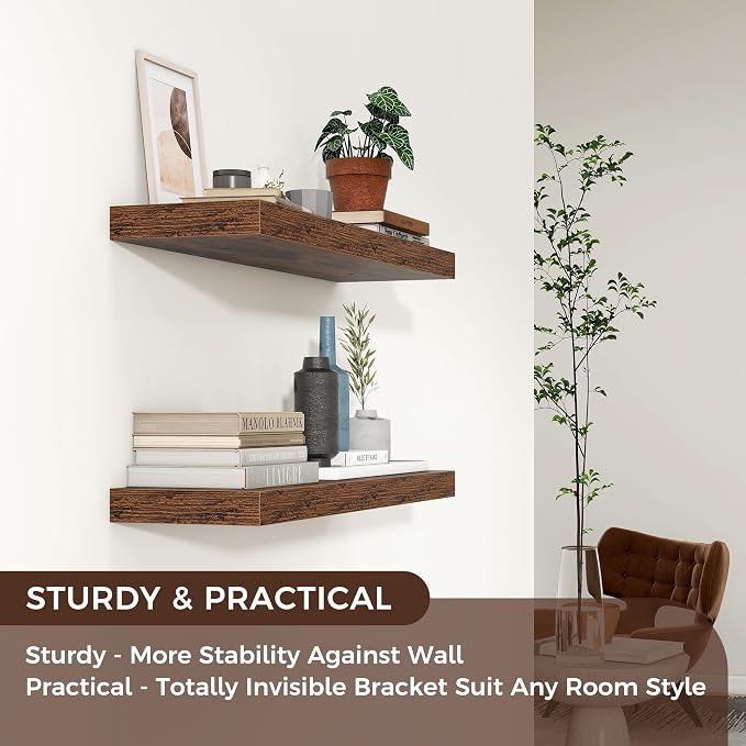 Floating Shelves for Wall 24 inch Long, Engineered Wood Wall Shelves with Invisible Brackets for Living Room Bedroom Bathroom Office Kitchen Decor and Storage, Rustic Brown Finish, Set of 2
