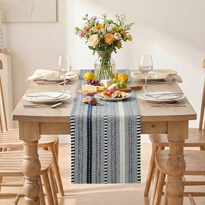 Artoid Mode Dark Blue Farmhouse Woven Table Runner, Seasonal Holiday Rustic Kitchen Dining Table Decoration for Home Party Decor 12x36 Inch
