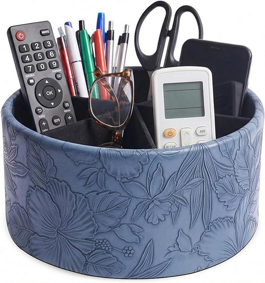 Remote Control Holder, 360°Spinning PU Leather Desk TV Remote Caddy,Desk Storage Box Room Accessories for Controller, Media,Mail,Calculator, Mobile Phone,Pencil(1-Carved Blue2)
