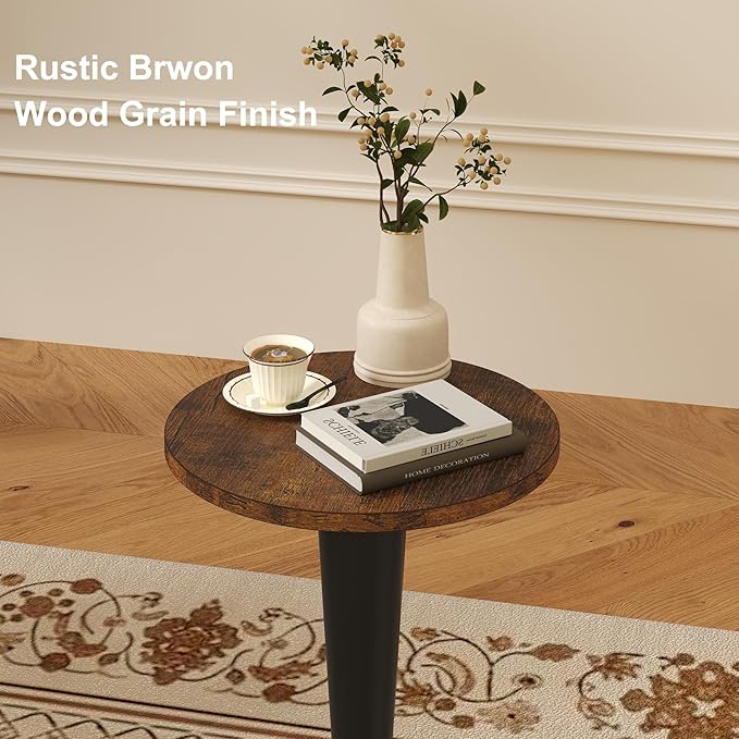 LAATOOREE Small Round Side Tables Set of 2, Wood Pedestal Drink Tables, Accent Coffee End Tables with Solid Wood Leg for Small Space, Living Room, Bedroom, Corner (2, Rustic Brown+ Black)