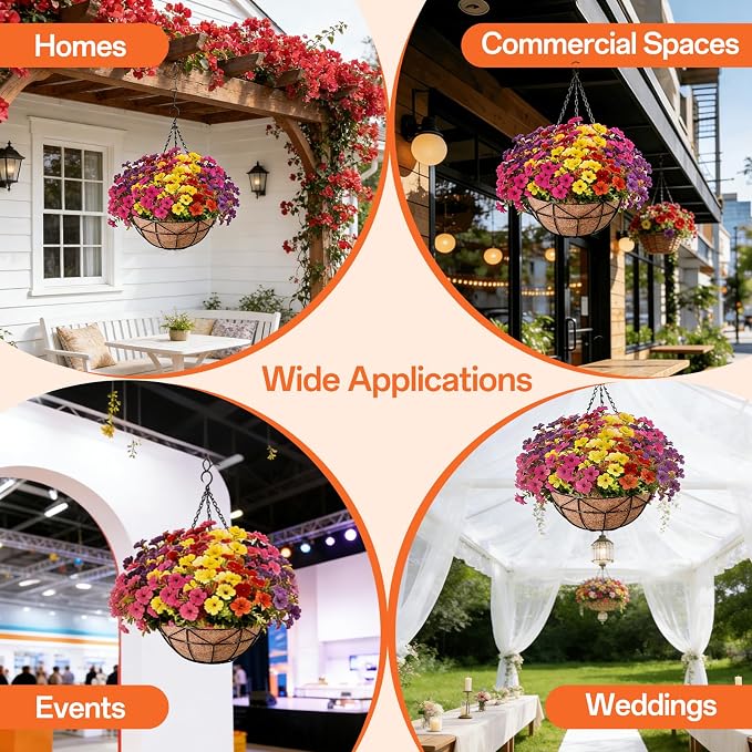 Halatool Hanging Baskets with Artificial Flowers, Sturdy Hanging Basket with Coconut Liner & 12 PCS Colorful Fade-resistant Faux Flowers for All Season Home Decor Porch Patio Balcony Yard Gift for Mom