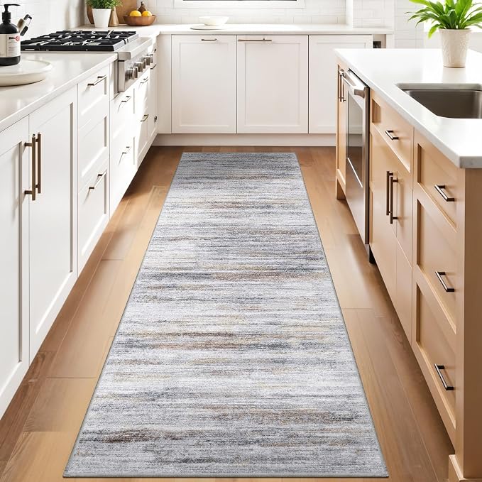 3x11 Washable Runner Rug for Hallway: Extra Long Runners for Entryway Living Room Dining Room - Stain and Water Resistant Rugs with Non-Slip Backing - Soft Low-Pile Carpet Beige Grey