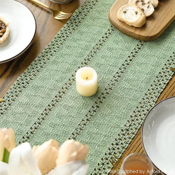 Artoid Mode Light Green Farmhouse Woven Rustic Hollow Table Runner, Seasonal Holiday Hollow Kitchen Dining Table Decoration for Home Party Decor 12x120 Inch
