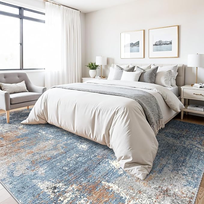 8x10 Washable Living Room Rug – Modern Neutral Abstract Large Area Rug for Bedroom Dining Room Kitchen Home Office Under Table – Non-Slip Low Pile Soft Thin Indoor Carpet（Blue Rust,8x10）