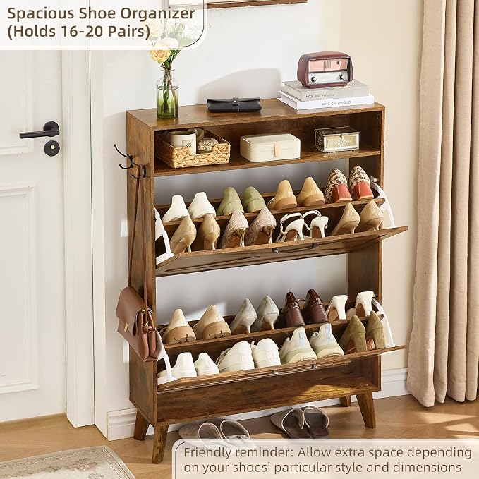 Joaxswe Shoe Cabinet Storage for Entryway with 2 Flip Drawers 2 Hook Open Storage Layer Rack Narrow Organizer Slim Hidden Wood Shoe Cabinet Furniture Rustic Brown