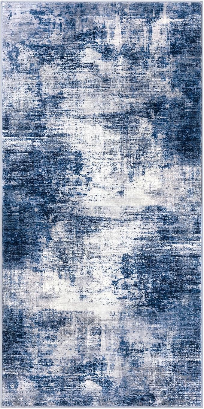 IOHOUZE Abstract Runner Rug 2x4 Ft Entryway Rugs Washable Door Mat Indoor Entrance, Rubber Backed Entryway Runners, Printed Faux Wool Non Slip Floor Carpet for Foyer Front Door Sink, Navy/Grey