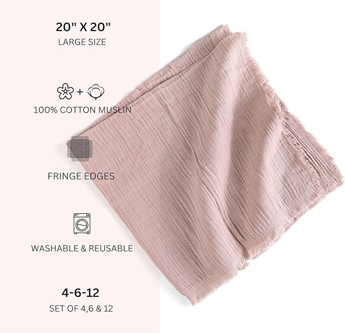 FINGERCRAFT Cloth Napkins Natural Cotton Cheesecloth Set of 12 Premium Fringe Design Dinner Napkin Soft Durable Ideal for Dining Room, Restaurant, Weddings Events Washable Good Absorbency Peach
