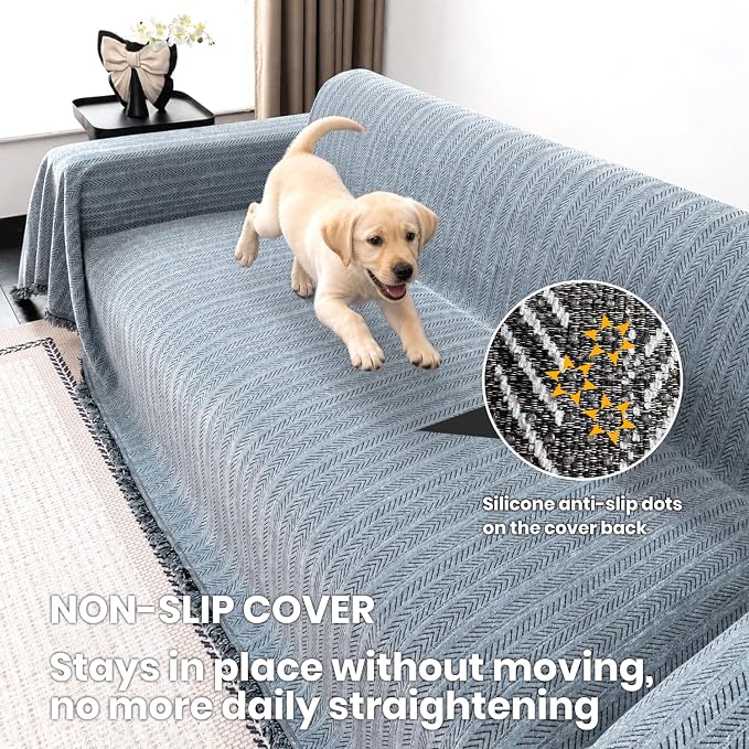 Chenille Couch Cover for Sofa Non Slip Cover Washable Pet Couch Covers Tassel Armchair Sofa Slipcovers Dog Scratch Furniture Protector Blanket for Living Room,Dusty Blue 71"x71"