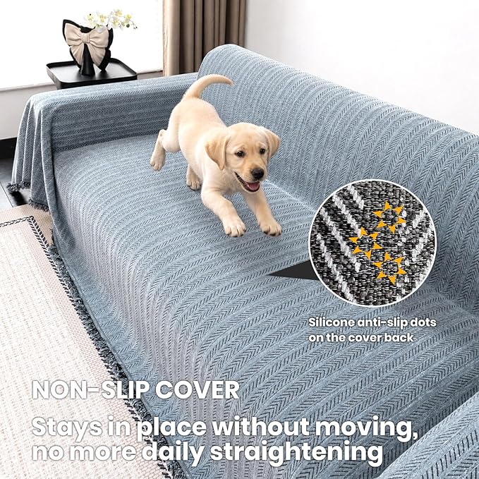 Chenille Couch Cover for Sofa Non Slip Cover Washable Pet Scratch Couch Covers Tassel Sofa Slipcover for 3 Cushion Couch Furniture Protector Blanket for Living Room,Dusty Blue 91"x134"