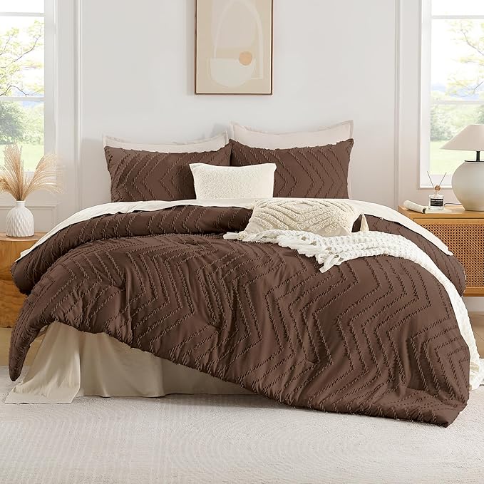 Andency Brown Twin/Twin XL Comforter Set, Twin Bed Comforter for College Dorm Girls Boys Kids Boho Soft Warm Cute Comforter, 2 Pieces Aesthetic Chevron Bohemian Bedding Set
