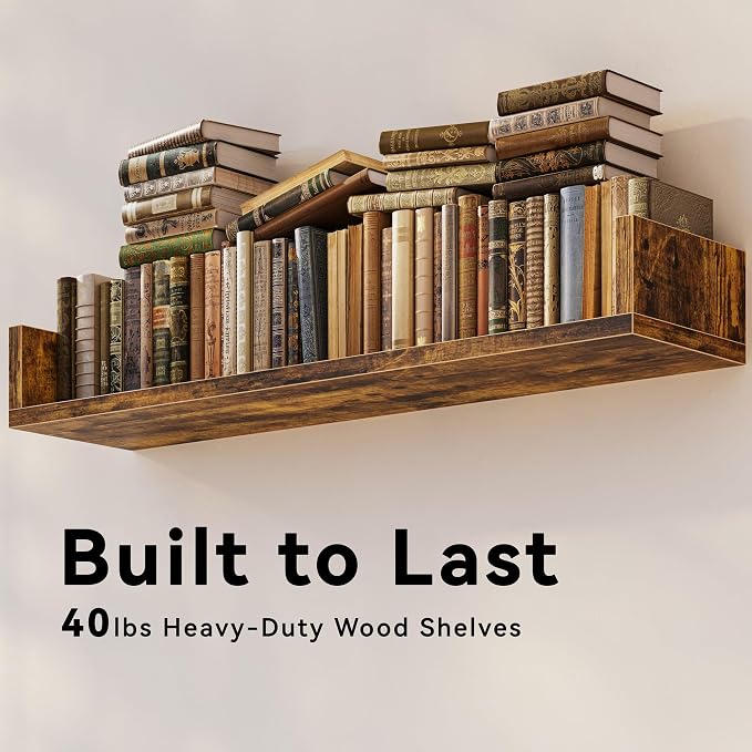 Floating Bookshelves for Wall - Wall Mounted Bookshelf Set of 4, U-Shaped Hanging Bookshelf for Bedroom, Living Room & Office, Wall Book Shelf for Home Decor & Storage (Rustic Brown, 31.5, 2)
