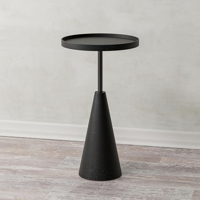 COZAYH Modern Round End Table with Raised Edge Tray Top, Wooden Pedestal Side Table with Rubber Wood Base for Living Room, Entryway, Office (Black)