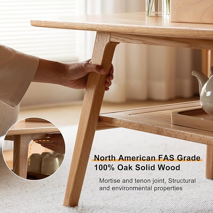 Modern Solid Oak Wood Coffee Table, 2-Tier Small Wooden Coffee Table with Storage Shelf for Living Room, Apartment, Office, Natural (32''D x 20''W x 18''H)