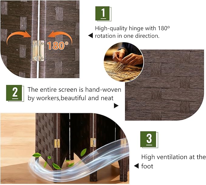 FDW Room Divider Wood Screen 6 Panel Folding Portable Partition Screens Wooden Mesh Woven Design for Home Office (Dark Brown)