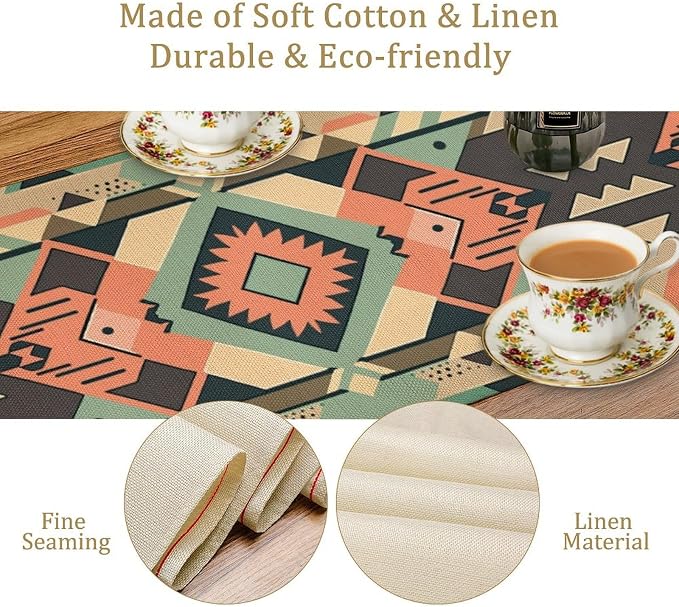 Aztec Table Runner, Southwestern Native Ethnic Navajo Abstract Geometric Tribal Vintage Beige Black Table Runners Decor for Kitchen Family Dinner Table Holiday Party 13x108 Inch