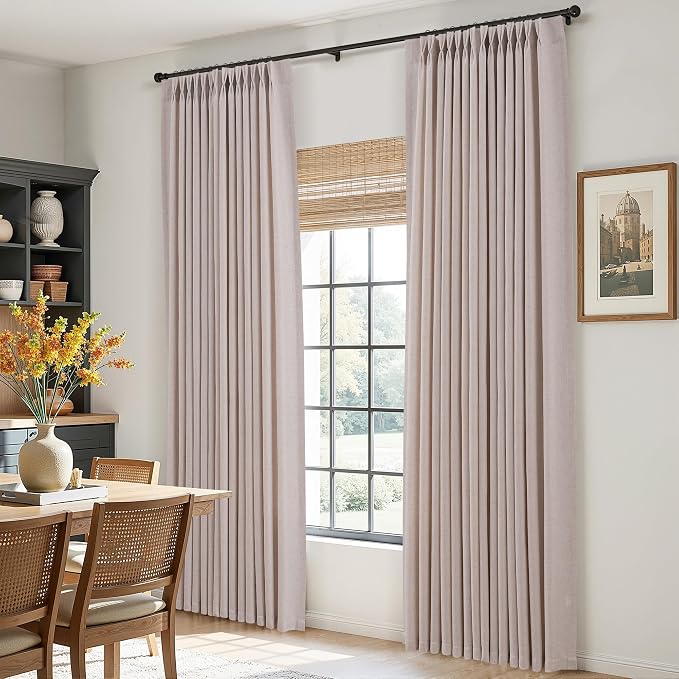 Aersas Natural White Pinch Pleated Linen Curtains 112 Inches Long for Living Room Bedroom Light Filtering Neutral Farmhouse Curtain 112 Length Hooks Rings Back Tab for Sliding Door 2 Panels